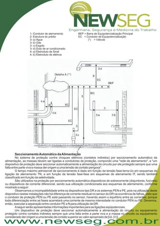 www.newseg.com.br
1- Condutor de aterramento BEP = Barra de Equipotencialização Principal
2- Estrutura do prédio EC = Condutor de Equipotencialização
3- a) Água (*) = Válvula
3- b) Gás
3- c) Esgoto
3- d) Duto de ar condicionado
4- a) Eletroduto de Sinal
4- b) Eletroduto de elétrica
SeccionamentoAutomático daAlimentação
No sistema de proteção contra choques elétricos (contatos indiretos) por seccionamento automático da
alimentação, as massas devem ser ligadas a condutores de proteção, compondo uma "rede de aterramento", e "um
dispositivo de proteção deve seccionar automaticamente a alimentação do circuito por ele protegido sempre que uma
falta entre parte viva e massa der origem a uma tensão de contato perigosa".
O tempo máximo admissível de seccionamento é dado em função da tensão fase-terra-Uo em esquemas de
ligação de aterramento TN, e em função da tensão fase-fase em esquemas de aterramento IT, sendo também
classificado em função da seletividade.
São utilizados na proteção por seccionamento automático dispositivos de sobrecorrente (disjuntores, fusíveis)
ou dispositivos de corrente diferencial, sendo sua utilização condicionada aos esquemas de aterramento, conforme
mostrado a seguir:
Observamos a incompatibilidade entre os dispositivos tipo DR e os sistemas PEN e PE, pois na utilização deste
dispositivo nestas instalações não há diferença de corrente residual no sensor do DR na ocorrência de falhas, visto que
o condutor de proteção PEN ou PE está passando no sensor, havendo assim o equilíbrio entre as correntes, porque
toda diferenciação entre as fases acarretará uma corrente de mesma intensidade no condutor PEN ou PE. Devemos,
então, executar a separação entre condutor PE e N para utilização de DR.
Aseguir serão apresentadas informações importantes para as ligações eqüipotenciais.
Um dispositivo de proteção deve seccionar automaticamente a alimentação do circuito ou equipamento
protegido contra contatos indiretos sempre que uma falta entre a parte viva e a massa no circuito ou equipamento
considerado der origem a uma tensão de contato superior ao valor apropriado de [UL(V)].
 