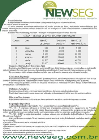 www.newseg.com.br
Luvas Isolantes
Elas podem ser testadas com inflador de luvas para verificação da existência de furos,
e por injeção de tensão de testes.
As luvas isolantes apresentam identificação no punho, próximo da borda, marcada de forma indelével, que
contém informações importantes, como a tensão de uso, por exemplo, nas cores correspondentes a cada uma das seis
classes existentes.
Elas são classificadas segundo NBR 10622 pelo nível de tensão de trabalho e de teste:
Calçados (Botinas, Sem Biqueira deAço)
Cinturão de Segurança
ProtetoresAuriculares
Máscaras/Respiradores
Equipamento utilizado para minimizar as conseqüências de contatos com partes energizadas, as botinas são
selecionadas conforme o nível de tensão de isolação e aplicabilidade (trabalhos em linhas energizadas ou não).
Devem ser acondicionadas em local apropriado, para a não perder suas características de isolação.
Equipamento destinado à proteção contra queda de pessoas, sendo obrigatória sua utilização em trabalhos
acima de 2 metros de altura. Pode ser basicamente de dois tipos: abdominal e de três pontos (pára-quedista).
Para o tipo pára-quedista, podem ser utilizados trava-quedas instalados em cabos de aço ou flexível fixados
em estruturas a serem escaladas.
Equipamento destinado a minimizar as conseqüências de ruídos prejudiciais à audição.
Para trabalhos com eletricidade, devem ser utilizados protetores apropriados, sem elementos metálicos.
Equipamento destinado à utilização em áreas confinadas e sujeitas a emissão de gases e poeiras.
AConsolidação das Leis doTrabalho (CLT) apresenta artigos específicos sobre os EPIs:
“Art. 166 – A empresa é obrigada a fornecer aos empregados, gratuitamente, equipamento de Proteção
Individual adequado ao risco e em perfeito estado de conservação e funcionamento, sempre que as medidas de
ordem geral não ofereçam completa proteção contra os riscos de acidentes e danos à saúde dos empregados.
“Art. 167 – O EPI só poderá ser posto à venda ou utilizado com a indicação do Certificado de Aprovação do
Ministério doTrabalho.”
ANorma Regulamentadora nº 6, ao tratar dos equipamentos de proteção individual, estabelece as obrigações
do empregador:
a) adquirir o EPI adequado ao risco de cada atividade;
b) exigir seu uso;
c) fornecer ao trabalhador somente o aprovado pelo órgão nacional competente em matéria de segurança e saúde no
trabalho;
d) orientar e treinar o trabalhador sobre o uso adequado, guarda e conservação;
e) substituir imediatamente, quando danificado ou extraviado;
f ) responsabilizar-se pela higienização e manutenção periódica;
Legislação Específica
”
 