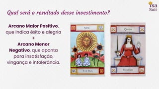 Qual será o resultado desse investimento?
Arcano Maior Positivo,
que indica êxito e alegria
+
Arcano Menor
Negativo, que aponta
para insatisfação,
vingança e intolerância.
 
