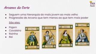 Arcanos da Corte
● Seguem uma hierarquia do mais jovem ao mais velho
● Progressão do Arcano que tem menos ao que tem mais poder
São eles:
● Pajem
● Cavaleiro
● Rainha
● Rei
 