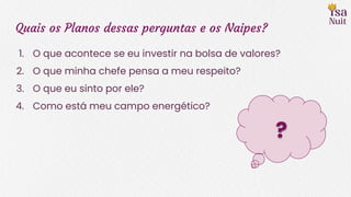 Quais os Planos dessas perguntas e os Naipes?
?
1. O que acontece se eu investir na bolsa de valores?
2. O que minha chefe pensa a meu respeito?
3. O que eu sinto por ele?
4. Como está meu campo energético?
 