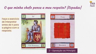 O que minha chefe pensa a meu respeito? [Espadas]
2 - Oposição ao Princípio
Faça o exercício
de interpretar
antes de ir para
a página com a
resposta.
 