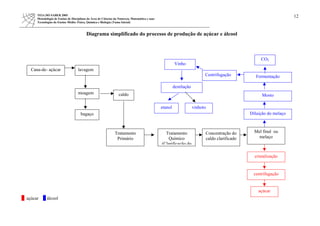 TEIA DO SABER 2005
Metodologia de Ensino de Disciplinas da Área de Ciências da Natureza, Matemática e suas
Tecnologias do Ensino Médio: Física, Química e Biologia (Tuma Inicial)
12
Diagrama simplificado do processo de produção de açúcar e álcool
Centrifugação
Vinho
CO2
Fermentação
lavagemCana-de- açúcar
açúcar álcool
caldomoagem
bagaço
Tratamento
Primário
Diluição do melaço
Mosto
Mel final ou
melaço
Concentração do
caldo clarificado
Tratamento
Químico
(Clarificação do
destilação
etanol vinhoto
cristalização
centrifugação
açúcar
 