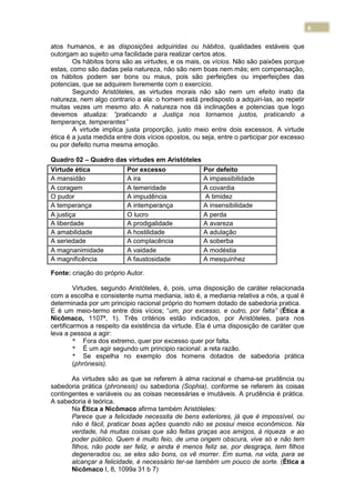 6
atos humanos, e as disposições adquiridas ou hábitos, qualidades estáveis que
outorgam ao sujeito uma facilidade para realizar certos atos.
Os hábitos bons são as virtudes, e os mais, os vícios. Não são paixões porque
estas, como são dadas pela natureza, não são nem boas nem más; em compensação,
os hábitos podem ser bons ou maus, pois são perfeições ou imperfeições das
potencias, que se adquirem livremente com o exercício.
Segundo Aristóteles, as virtudes morais não são nem um efeito inato da
natureza, nem algo contrario a ela: o homem está predisposto a adquiri-las, ao repetir
muitas vezes um mesmo ato. A natureza nos dá inclinações e potencias que logo
devemos atualiza: “praticando a Justiça nos tornamos justos, praticando a
temperança, temperantes”
A virtude implica justa proporção, justo meio entre dois excessos. A virtude
ética é a justa medida entre dois vícios opostos, ou seja, entre o participar por excesso
ou por defeito numa mesma emoção.
Quadro 02 – Quadro das virtudes em Aristóteles
Fonte: criação do próprio Autor.
Virtudes, segundo Aristóteles, é, pois, uma disposição de caráter relacionada
com a escolha e consistente numa mediania, isto é, a mediania relativa a nós, a qual é
determinada por um principio racional próprio do homem dotado de sabedoria pratica.
E é um meio-termo entre dois vícios; “um, por excesso, e outro, por falta” (Ética a
Nicômaco, 1107ª, 1). Três critérios estão indicados, por Aristóteles, para nos
certificarmos a respeito da existência da virtude. Ela é uma disposição de caráter que
leva a pessoa a agir:
* Fora dos extremo, quer por excesso quer por falta.
* É um agir segundo um principio racional: a reta razão.
* Se espelha no exemplo dos homens dotados de sabedoria prática
(phrónesis).
As virtudes são as que se referem à alma racional e chama-se prudência ou
sabedoria prática (phronesis) ou sabedoria (Sophia), conforme se referem às coisas
contingentes e variáveis ou as coisas necessárias e imutáveis. A prudência é prática.
A sabedoria é teórica.
Na Ética a Nicômaco afirma também Aristóteles:
Parece que a felicidade necessita de bens exteriores, já que é impossível, ou
não é fácil, praticar boas ações quando não se possui meios econômicos. Na
verdade, há muitas coisas que são feitas graças aos amigos, à riqueza e ao
poder público. Quem é muito feio, de uma origem obscura, vive só e não tem
filhos, não pode ser feliz, e ainda é menos feliz se, por desgraça, tem filhos
degenerados ou, se eles são bons, os vê morrer. Em suma, na vida, para se
alcançar a felicidade, é necessário ter-se também um pouco de sorte. (Ética a
Nicômaco I, 8, 1099a 31 b 7)
Virtude ética Por excesso Por defeito
A mansidão A ira A impassibilidade
A coragem A temeridade A covardia
O pudor A impudência A timidez
A temperança A intemperança A insensibilidade
A justiça O lucro A perda
A liberdade A prodigalidade A avareza
A amabilidade A hostilidade A adulação
A seriedade A complacência A soberba
A magnanimidade A vaidade A modéstia
A magnificência A faustosidade A mesquinhez
 