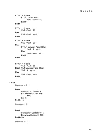 O r a c l e 
32 
If Var1 > 10 then If Var2 < Var1 then Var2 = Var1 + 20 ; End If ; End If ; If Var1 > 10 then Var2 = Var1 + 20 ; Else Var2 = Var1 * Var1 ; End If ; If Var1 > 10 then Var2 = Var1 + 20 ; Else If Var1 between 7 and 8 then Var2 = 2 * Var1; Else Var2 = Var1 * Var1 ; End If ; End If ; If Var1 > 10 then Var2 = Var1 + 20 ; ElseIf Var1 between 7 and 8 then Var2 = 2 * Var1 ; Else Var2 = Var1 * Var1; End If; 
LOOP 
Contador : = 1 ; Loop Contador : = Contador + 1 ; 
If Contador > 100 then 
Exit; End If ; End Loop; Contador : = 1 ; 
Loop 
Contador : = Contador + 1 ; Exit when Contador > 100 ; End Loop; Contador : = 1 ;  
