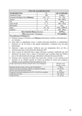 28
PÃO DE HAMBÚRGUER
INGREDIENTES % QUANTIDADE
Farinha de Trigo 100 5.000 g
Fermento Biológico Seco Pakmaya 0,5 – 1,5 25 – 75g
Açúcar 6 – 8 300 - 400 g
Sal 2,0 100 g
Leite em pó 2 – 3 100 - 150 g
Reforçador 1,0 50 g
Água 55 – 58 2750 - 2900 ml
Gordura 4 – 6 200 - 300 g
Peso Total da Massa (máximo) 8.975 g
Pães (massa total ÷ 80 g/peça) 112 unidades
Procedimentos Preliminares:
• Primeiro coloque o fermento seco Pakmaya diretamente à farinha, misturando pôr 1
ou 2 minutos.
• Junte todos os ingredientes secos, e misture bem para distribuir os componentes
(inclusive os sal, de forma à não agredir diretamente o fermento com sua ação
bactericida).
• Adicione a água aos poucos, lembre-se que sua temperatura deve ser fria o
suficiente para que a massa final não ultrapasse 28ºC .
• Após a massa ter absorvido bem a água, adicionar a gordura, lembrando que esta
amolecerá um pouco mais a massa. É necessário que a gordura fique por último,
pois se for adicionada antes da água, dificultará a absorção da mesma farinha.
• Amassar com a masseira até obter uma massa lisa e enxuta. A sova encerra-se na
masseira ou no cilindro quando ao esticar um pedaço de massa sem rompê-la,
obtenha-se uma membrana bem fina (ponto de véu)
Tempo Aproximado de Mistura (método direto: sem cilindragem) 380 rpm: 4 min
160 rpm: 12 min
Separação dos blocos para a divisora (de 30 repartições) 2.400 g
Descanso dos blocos (protegido c/plástico ou ambiente fechado) 20 - 30 min
Divisão: peso final das peças divididas 80 g
Tempo de Crescimento (ambiente com 35ºC e 80 à 85% de umidade) 50 - 80 horas
Temperatura do Forno 180 - 200 ºC
Tempo de Forno 10 - 20 min
 