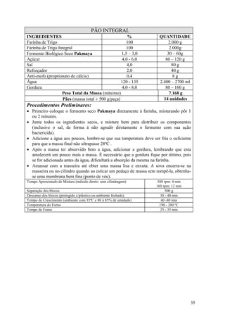 35
PÃO INTEGRAL
INGREDIENTES % QUANTIDADE
Farinha de Trigo 100 2.000 g
Farinha de Trigo Integral 100 2.000g
Fermento Biológico Seco Pakmaya 1,5 – 3,0 30 – 60g
Açúcar 4,0 - 6,0 80 – 120 g
Sal 4,0 80 g
Reforçador 2,0 40 g
Anti-mofo (proprionato de cálcio) 0,4 8 g
Água 120 - 135 2.400 – 2700 ml
Gordura 4,0 - 8,0 80 – 160 g
Peso Total da Massa (máximo) 7.168 g
Pães (massa total ÷ 500 g/peça) 14 unidades
Procedimentos Preliminares:
• Primeiro coloque o fermento seco Pakmaya diretamente à farinha, misturando pôr 1
ou 2 minutos.
• Junte todos os ingredientes secos, e misture bem para distribuir os componentes
(inclusive o sal, de forma à não agredir diretamente o fermento com sua ação
bactericida).
• Adicione a água aos poucos, lembre-se que sua temperatura deve ser fria o suficiente
para que a massa final não ultrapasse 28ºC .
• Após a massa ter absorvido bem a água, adicionar a gordura, lembrando que esta
amolecerá um pouco mais a massa. É necessário que a gordura fique por último, pois
se for adicionada antes da água, dificultará a absorção da mesma na farinha.
• Amassar com a masseira até obter uma massa lisa e enxuta. A sova encerra-se na
masseira ou no cilindro quando ao esticar um pedaço de massa sem rompê-la, obtenha-
se uma membrana bem fina (ponto de véu).
Tempo Aproximado de Mistura (método direto: sem cilindragem) 380 rpm: 4 min
160 rpm: 12 min
Separação dos blocos 500 g
Descanso dos blocos (protegido c/plástico ou ambiente fechado) 30 - 40 min
Tempo de Crescimento (ambiente com 35ºC e 80 à 85% de umidade) 40 -80 min
Temperatura do Forno 190 - 200 ºC
Tempo de Forno 25 - 35 min
 