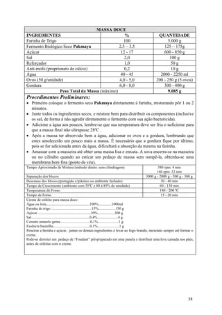 MASSA DOCE
INGREDIENTES                                     %                                    QUANTIDADE
Farinha de Trigo                                 100                                       5.000 g
Fermento Biológico Seco Pakmaya               2,5 – 3,5                                  125 – 175g
Açúcar                                         12 - 17                                   600 - 850 g
Sal                                              2,0                                        100 g
Reforçador                                       1,0                                         50 g
Anti-mofo (proprionato de cálcio)                0,2                                         10 g
Água                                           40 - 45                                 2000 - 2250 ml
Ovos (50 g/unidade)                           4,0 - 5,0                              200 - 250 g (5 ovos)
Gordura                                       6,0 - 8,0                                  300 - 400 g
                 Peso Total da Massa (máximo)                                              9.085 g
Procedimentos Preliminares:
• Primeiro coloque o fermento seco Pakmaya diretamente à farinha, misturando pôr 1 ou 2
  minutos.
• Junte todos os ingredientes secos, e misture bem para distribuir os componentes (inclusive
  os sal, de forma à não agredir diretamente o fermento com sua ação bactericida).
• Adicione a água aos poucos, lembre-se que sua temperatura deve ser fria o suficiente para
  que a massa final não ultrapasse 28ºC .
• Após a massa ter absorvido bem a água, adicionar os ovos e a gordura, lembrando que
  estes amolecerão um pouco mais a massa. É necessário que a gordura fique por último,
  pois se for adicionada antes da água, dificultará a absorção da mesma na farinha.
• Amassar com a masseira até obter uma massa lisa e enxuta. A sova encerra-se na masseira
  ou no cilindro quando ao esticar um pedaço de massa sem rompê-la, obtenha-se uma
  membrana bem fina (ponto de véu).
Tempo Aproximado de Mistura (método direto: sem cilindragem)                          380 rpm: 4 min
                                                                                     160 rpm: 12 min
Separação dos blocos                                                          3000 g - 2000 g - 500 g - 300 g
Descanso dos blocos (protegido c/plástico ou ambiente fechado)                          30 - 40 min
Tempo de Crescimento (ambiente com 35ºC e 80 à 85% de umidade)                         60 - 130 min
Temperatura do Forno                                                                   180 - 200 ºC
Tempo de Forno                                                                          15 - 20 min
Creme de enfeite para massa doce:
Água ou leite..............................................100%..............1000ml
Farinha de trigo ...........................................15%..................150 g
Açúcar ........................................................30%..................300 g
Sal..............................................................0,4%......................4 g
Corante amarelo gema................................0,1%......................1 g
Essência baunilha.......................................0,1%.......................1 g
Peneirar a farinha e açúcar, juntar os demais ingredientes e levar ao fogo brando, mexendo sempre até formar o
creme.
Pode-se derreter um pedaço de “Foudant” pré-preparado em uma panela e distribuir uma leve camada nos pães,
antes de enfeitar com o creme.




                                                                                                          38
 