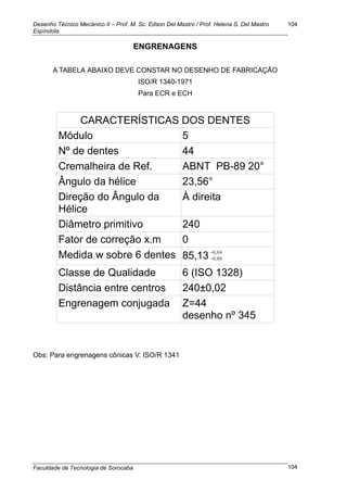 Desenho Técnico Mecânico II – Prof. M. Sc. Edson Del Mastro / Prof. Helena S. Del Mastro
Espíndola
Faculdade de Tecnologia de Sorocaba
104
104
ENGRENAGENS
A TABELA ABAIXO DEVE CONSTAR NO DESENHO DE FABRICAÇÃO
ISO/R 1340-1971
Para ECR e ECH
CARACTERÍSTICAS DOS DENTES
Módulo 5
Nº de dentes 44
Cremalheira de Ref. ABNT PB-89 20°
Ângulo da hélice 23,56°
Direção do Ângulo da
Hélice
À direita
Diâmetro primitivo 240
Fator de correção x.m 0
Medida w sobre 6 dentes 85,13 04,0
06,0


Classe de Qualidade 6 (ISO 1328)
Distância entre centros 240±0,02
Engrenagem conjugada Z=44
desenho nº 345
Obs: Para engrenagens cônicas V. ISO/R 1341
 