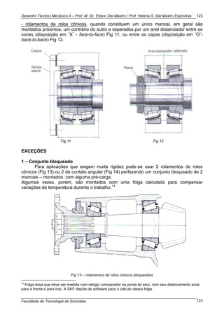Desenho Técnico Mecânico II – Prof. M. Sc. Edson Del Mastro / Prof. Helena S. Del Mastro Espíndola
Faculdade de Tecnologia de Sorocaba
123
123
- rolamentos de rolos cônicos, quando constituem um único mancal, em geral são
montados próximos, um contrário do outro e separados por um anel distanciador entre os
cones (disposição em ¨X¨ - face-to-face) Fig 11, ou entre as capas (disposição em ¨O¨-
back-to-back) Fig 12.
Fig 11 Fig 12
EXCEÇÕES
1 – Conjunto bloqueado
Para aplicações que exigem muita rigidez pode-se usar 2 rolamentos de rolos
cônicos (Fig 13) ou 2 de contato angular (Fig 14) perfazendo um conjunto bloqueado de 2
mancais – montados com alguma pré-carga.
Algumas vezes, porém, são montados com uma folga calculada para compensar
variações de temperatura durante o trabalho.14
Fig 13 – rolamentos de rolos cônicos bloqueados
14
Folga essa que deve ser medida com relógio comparador na ponta do eixo, com seu deslocamento axial
para a frente e para traz. A SKF dispõe de software para o cálculo dessa folga.
 
