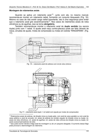 Desenho Técnico Mecânico II – Prof. M. Sc. Edson Del Mastro / Prof. Helena S. Del Mastro Espíndola
Faculdade de Tecnologia de Sorocaba
125
125
Montagem de rolamentos axiais
Quando se aplica um rolamento axial 15
, junto com ele, no mesmo mancal,
recomenda-se montar um rolamento radial, formando um conjunto bloqueado (Fig. 16).
Mesmo no caso de não existir carga radial importante, isto é uma segurança para evitar
que o rolamento axial gire excentricamente16
. Nos casos de rolamentos axiais de rolos
cilíndricos ou de agulhas, isso se torna obrigatório.
Também recomenda-se montar o rolamento axial de duplo sentido (ou escora
dupla) junto com 1 radial. O ajuste axial na(s) contra-placa(s) pode ser feito através de
rosca, arruelas de ajuste, molas de compressão ou molas em estrela ―RINGSPANN‖. (Fig.
17)
Fig. 16 – rolamento axial de esferas com rol.de rolos cônicos
Fig 17 – rolamento axial duplo + rol radial com (ajuste por molas de compressão)
15
Rolamentos axiais de esferas, de direção única ou dupla ação, com anel de caixa paralelo ou com anel de
caixa esférico e anel de encosto; rol. axiais de esferas de contato angular de direção única ou dupla; rol.
axiais de rolos cilíndricos; rol. axiais de agulhas; rol. axiais de rolos cônicos de direção única ou dupla; rol.
axiais autocompensadores de rolos.
16
Isso pode ocorrer devido à folga axial de montagem ou de um pequeno desgaste. O aumento dessa folga
pode provocar a desmontagem do rolamento.
 
