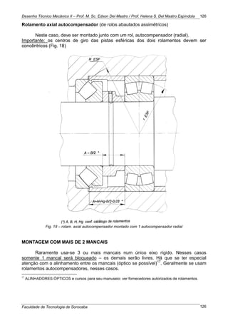 Desenho Técnico Mecânico II – Prof. M. Sc. Edson Del Mastro / Prof. Helena S. Del Mastro Espíndola
Faculdade de Tecnologia de Sorocaba
126
126
Rolamento axial autocompensador (de rolos abaulados assimétricos)
Neste caso, deve ser montado junto com um rol, autocompensador (radial).
Importante: os centros de giro das pistas esféricas dos dois rolamentos devem ser
concêntricos (Fig. 18)
Fig. 18 – rolam. axial autocompensador montado com 1 autocompensador radial
MONTAGEM COM MAIS DE 2 MANCAIS
Raramente usa-se 3 ou mais mancais num único eixo rígido. Nesses casos
somente 1 mancal será bloqueado – os demais serão livres. Há que se ter especial
atenção com o alinhamento entre os mancais (óptico se possível)17
. Geralmente se usam
rolamentos autocompensadores, nesses casos.
17
ALINHADORES ÓPTICOS e cursos para seu manuseio: ver fornecedores autorizados de rolamentos.
 
