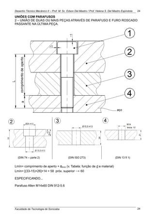 Desenho Técnico Mecânico II – Prof. M. Sc. Edson Del Mastro / Prof. Helena S. Del Mastro Espíndola
Faculdade de Tecnologia de Sorocaba
24
24
UNIÕES COM PARAFUSOS
2 – UNIÃO DE DUAS OU MAIS PEÇAS ATRAVÉS DE PARAFUSO E FURO ROSCADO
PASSANTE NA ÚLTIMA PEÇA.
(DIN 74 – parte 2) (DIN ISO 273) (DIN 13 fl 1)
Lmín= comprimento de aperto + amín (v. Tabela: função de d e material)
Lmín= [(33-15)+26]+14 = 58 próx. superior → 60
ESPECIFICANDO...
Parafuso Allen M14x60 DIN 912-5.6
 