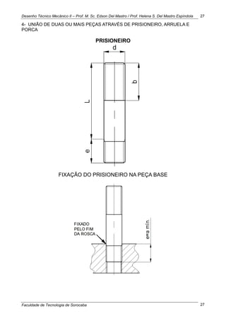 Desenho Técnico Mecânico II – Prof. M. Sc. Edson Del Mastro / Prof. Helena S. Del Mastro Espíndola
Faculdade de Tecnologia de Sorocaba
27
27
4- UNIÃO DE DUAS OU MAIS PEÇAS ATRAVÉS DE PRISIONEIRO, ARRUELA E
PORCA
PRISIONEIRO
FIXAÇÃO DO PRISIONEIRO NA PEÇA BASE
 