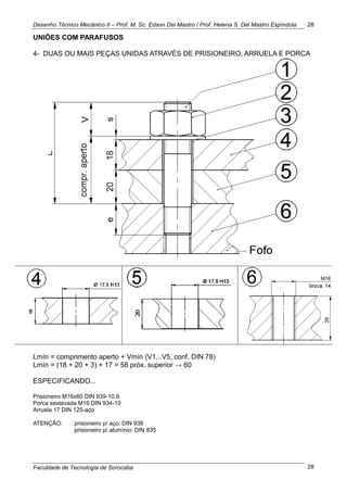 Desenho Técnico Mecânico II – Prof. M. Sc. Edson Del Mastro / Prof. Helena S. Del Mastro Espíndola
Faculdade de Tecnologia de Sorocaba
28
28
UNIÕES COM PARAFUSOS
4- DUAS OU MAIS PEÇAS UNIDAS ATRAVÉS DE PRISIONEIRO, ARRUELA E PORCA
Lmín = comprimento aperto + Vmín (V1...V5, conf. DIN 78)
Lmín = (18 + 20 + 3) + 17 = 58 próx. superior → 60
ESPECIFICANDO...
Prisioneiro M16x60 DIN 939-10.9
Porca sextavada M16 DIN 934-10
Arruela 17 DIN 125-aço
ATENÇÃO: prisioneiro p/ aço: DIN 938
prisioneiro p/ alumínio: DIN 835
 