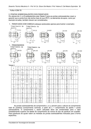 Desenho Técnico Mecânico II – Prof. M. Sc. Edson Del Mastro / Prof. Helena S. Del Mastro Espíndola
Faculdade de Tecnologia de Sorocaba
36
36
Folha 4 DIN 78
2. PONTAS SOBRESSALENTES DOS PARAFUSOS
Os valores de v1 a v5 estabelecidos pela Tabela 3 para as pontas sobressalentes visam a
garantir que a ponta livre não tenha mais do que 2P(7). os elementos de apoio, como por
exemplo arruelas, também devem ser considerados.
1. PARAFUSOS COM CABEÇA (cabeças sextavadas apenas para ilustrar o exemplo).
1. PRISIONEIROS
Tabela 3
d
u7
) v1 v2 v3 v4 v5
d
u v1 v2 v3 v4 v5
min. min. min. min. min. min. min. min. min. min. min. min.
1,6 0,7 2 1,7 − − − 36 8 37 24 46 37 48
2 0,8 2,4 2 − − − 39 8 39 27,5 48 39 53
2,5 0,9 2,9 2,5 − − − 42 9 43 30 55 42 −
3 1 3,4 2,8 − − 5,1 45 9 45 31,5 57 43,5 −
3,5 1,2 4 3,2 − − − 48 10 48 34 60 46 −
4 1,4 4,6 3,6 6,4 − 6,2 52 10 52 36 64 48 −
5 1,6 5,6 4,3 7,6 − 8,4 56 11 56 − 68 − −
6 2 7 5,2 9,5 7 9,6 60 11 59 − 74 − −
7 2 7,5 − 10 7,5 10,7 64 12 63 − 78 − −
8 2,5 9 6,5 12 9 12,6 68 12 66 − 81 − −
10 3 11 8 15 11 15,5 72 12 70 − 85 − −
12 3,5 13,5 9,5 18,5 13,5 17,5 76 12 73 − 88 − −
14 4 15 11 20 15 21,4 80 12 76 − 91 − −
16 4 17 12 23 17 23,6 90 12 84 − 104 − −
18 5 20 13 26 20 27,2 100 12 92 − 112 − −
20 5 21 15 27 21 29,5 110 12 100 − − − −
22 5 23 16 31 23 31,7 120 12 108 − − − −
24 6 25 18 33 25 35,4 125 12 112 − − − −
27 6 28 19,5 36 28 36 130 12 116 − − − −
30 7 31 22 40 31 40,5 140 12 124 − − − −
33 7 33 23,5 42 33 43,5 150 12 132 − − − −
As pontas sobressalentes de comprimento v1 e v5 servem para o cálculo do comprimento
total do parafuso (comprimento nominal), a partir de L = comprimento de aperto + ponta
sobressalente. O comprimento L assim calculado deve ser arredondado para o valor
imediatamente superior da tabela de comprimento da norma do tipo de parafuso em questão.
Para parafusos de ajuste valem as medidas de pontas sobressalentes indicadas para a forma
específica.
 