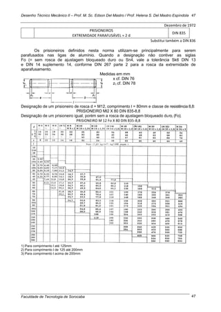 Desenho Técnico Mecânico II – Prof. M. Sc. Edson Del Mastro / Prof. Helena S. Del Mastro Espíndola
Faculdade de Tecnologia de Sorocaba
47
47
Dezembro de 1972
PRISIONEIROS
EXTREMIDADE PARAFUSÁVEL ≈ 2 d
DIN 835
Substitui também a DIN 836
Os prisioneiros definidos nesta norma utilizam-se principalmente para serem
parafusados nas ligas de alumínio. Quando a designação não contiver as siglas
Fo (= sem rosca de ajustagem bloqueado duro ou Sn4, vale a tolerância Sk6 DIN 13
e DIN 14 suplemento 14, conforme DIN 267 parte 2 para a rosca da extremidade de
aparafusamento.
Medidas em mm
x cf. DIN 76
z1 cf. DIN 78
Designação de um prisioneiro de rosca d = M12, comprimento l = 80mm e classe de resistência 8,8:
PRISIONEIRO Ml2 X 80 DIN 835-8,8
Designação de um prisioneiro igual, porém sem a rosca de ajustagem bloqueado duro, (Fo);
PRISIONEIRO M 12 Fo X 80 DIN 835-8,8
1) Para comprimento l até 125mm
2) Para comprimento l de 125 até 200mm
3) Para comprimento l acima de 200mm
 