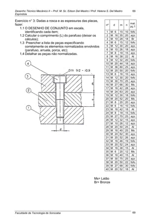 Desenho Técnico Mecânico II – Prof. M. Sc. Edson Del Mastro / Prof. Helena S. Del Mastro
Espíndola
Faculdade de Tecnologia de Sorocaba
69
69
Exercício n° 3: Dadas a rosca e as espessuras das placas,
fazer:
1.1 O DESENHO DE CONJUNTO em escala,
identificando cada item;
1.2 Calcular o comprimento (L) do parafuso (deixar os
cálculos);
1.3 Preencher a lista de peças especificando
corretamente os elementos normalizados envolvidos
(parafuso, arruela, porca, etc);
1.4 Detalhar as peças não normalizadas.
nº d m n
mat.
pç.1
1 M 6 15 10 fofo
2 M 16 35 20 aço
3 M 10 28 18 Br
4 M 6 15 12 fofo
5 M 12 30 20 aço
6 M 10 26 18 aço
7 M 8 18 15 aço
8 M 16 38 22 Al
9 M 12 32 20 fofo
10 M 20 44 18 aço
11 M 36 80 25 aço
12 M 20 50 20 fofo
13 M 6 16 10 aço
14 M 12 30 20 fofo
15 M 30 70 25 aço
16 M 27 66 30 Ms
17 M 16 42 28 aço
18 M 24 63 20 aço
19 M 12 30 18 fofo
20 M 20 52 20 Ms
21 M 8 20 20 aço
22 M 6 16 10 fofo
23 M 16 42 18 Al
24 M 8 18 15 fofo
25 M 27 70 25 aço
26 M 12 32 15 aço
27 M 10 26 12 aço
28 M 20 50 25 Al
29 M 16 40 25 Ms
30 M 24 62 30 aço
31 M 20 52 26 aço
32 M 16 46 19 fofo
33 M 20 52 24 aço
34 M 16 38 15 Al
35 M 6 20 12 Ms
36 M 16 40 15 Al
37 M 30 75 25 aço
38 M 20 50 22 fofo
39 M 27 68 30 fofo
40 M 20 52 18 Al
Ms= Latão
Br= Bronze
 