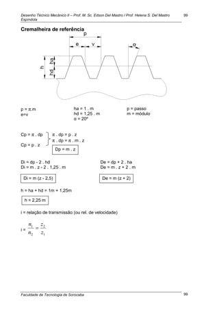 Desenho Técnico Mecânico II – Prof. M. Sc. Edson Del Mastro / Prof. Helena S. Del Mastro
Espíndola
Faculdade de Tecnologia de Sorocaba
99
99
Cremalheira de referência
p = π.m
e=v
ha = 1 . m
hd = 1,25 . m
α = 20º
p = passo
m = módulo
Cp = π . dp
Cp = p . z
π . dp = p . z
π . dp = π . m . z
Di = dp - 2 . hd
Di = m . z - 2 . 1,25 . m
De = dp + 2 . ha
De = m . z + 2 . m
h = ha + hd = 1m + 1,25m
i = relação de transmissão (ou rel. de velocidade)
i =
1
2
2
1
z
z
n
n

Dp = m . z
Di = m (z - 2,5) De = m (z + 2)
h = 2,25 m
 