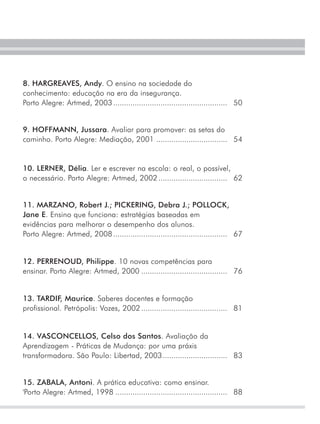 8. HARGREAVES, Andy. O ensino na sociedade do
conhecimento: educação na era da insegurança.
Porto Alegre: Artmed, 2003 ..................................................... 50


9. HOFFMANN, Jussara. Avaliar para promover: as setas do
caminho. Porto Alegre: Mediação, 2001 ................................. 54


10. LERNER, Délia. Ler e escrever na escola: o real, o possível,
o necessário. Porto Alegre: Artmed, 2002 ................................ 62


11. MARZANO, Robert J.; PICKERING, Debra J.; POLLOCK,
Jane E. Ensino que funciona: estratégias baseadas em
evidências para melhorar o desempenho dos alunos.
Porto Alegre: Artmed, 2008 ..................................................... 67


12. PERRENOUD, Philippe. 10 novas competências para
ensinar. Porto Alegre: Artmed, 2000 ........................................ 76


13. TARDIF, Maurice. Saberes docentes e formação
profissional. Petrópolis: Vozes, 2002 ........................................ 81


14. VASCONCELLOS, Celso dos Santos. Avaliação da
Aprendizagem - Práticas de Mudança: por uma práxis
transformadora. São Paulo: Libertad, 2003 .............................. 83


15. ZABALA, Antoni. A prática educativa: como ensinar.
'Porto Alegre: Artmed, 1998 .................................................... 88
 
