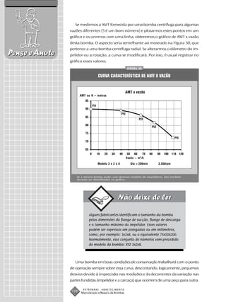 Se medirmos a AMT fornecida por uma bomba centrífuga para algumas
                vazões diferentes (5 é um bom número) e plotarmos estes pontos em um
                gráfico e os unirmos com uma linha, obteremos o gráfico de AMT x vazão
                desta bomba. O aspecto seria semelhante ao mostrado na Figura 50, que
                pertence a uma bomba centrífuga radial. Se alterarmos o diâmetro do im-
Pense e Anote   pelidor ou a rotação, a curva se modificará. Por isso, é usual registrar no
                gráfico esses valores.
                                                        FIGURA 50


                                  CURVA CARACTERÍSTICA DE AMT X VAZÃO


                                                       AMT x vazão
                       AMT ou H – metros




                                                       Vazão – m 3/h
                                  Modelo 3 x 2 x 8        Dia = 200mm       3.550rpm



                    Se a mesma bomba puder usar diversos modelos de impelidores, eles também
                    deverão ser identificados no gráfico.




                            Alguns fabricantes identificam o tamanho da bomba
                            pelas dimensões do flange de sucção, flange de descarga
                            e o tamanho máximo do impelidor. Esses valores
                            podem ser expressos em polegadas ou em milímetros,
                            como, por exemplo: 3x2x8, ou o equivalente 75x50x200.
                            Normalmente, esse conjunto de números vem precedido
                            do modelo da bomba: XYZ 3x2x8.



                   Uma bomba em boas condições de conservação trabalhará com o ponto
                de operação sempre sobre essa curva, descontando, logicamente, pequenos
                desvios devido à imprecisão nas medições e às decorrentes da variação nas
                partes fundidas (impelidor e a carcaça) que ocorrem de uma peça para outra.

                         PETROBRAS   ABASTECIMENTO
                 108   Manutenção e Reparo de Bombas
 