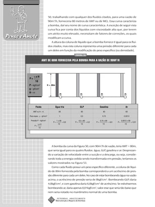 50, trabalhando com qualquer dos fluidos citados, para uma vazão de
                                    90m3/h, forneceria 80 metros de AMT ou de MCL. Essa curva caracteriza
                                    a bomba, daí seu nome de curva característica. A exceção de seguir esta
                                    curva fica por conta dos líquidos com viscosidade alta que, por terem
                                    um atrito muito elevado, necessitam de fatores de correções, os quais
Pense e Anote                       modificam a curva.
                                       A altura da coluna de líquido que a bomba fornece é igual para os flui-
                                    dos citados, mas esta coluna representa uma pressão diferente para cada
                                    um deles em função da modificação do peso específico (ou densidade).
                                                                    FIGURA 53


                            AMT DE 80M FORNECIDA PELA BOMBA PARA A VAZÃO DE 90M3/H




                 xH
         P=
                10
         P – kgf/cm2               H = 80m
         g – gf/cm3
         H–m
                                                 PI                       PI                     PI                          PI




                Fluido                       Água fria                   GLP                    Gasolina                      Ar
              AMT ou H – m                      80                        80                          80                      80

         Peso espec.    – gf/cm/3                1                        0,5                     0,75                      0,0013

          Pressão P – kgf/cm   2
                                              1 x 80                    0,5 x 80                0,75 x 80                0,0013 x 80
                                        P=             = 8,0       P=              = 4,0   P=               = 6,0   P=                 = 0,01
                       xH                      10                         10                       10                        10
               P=
                     10




                                       A bomba da curva da Figura 50, com 90m3/h de vazão, teria AMT = 80m,
                                    que seria igual para os quatro fluidos: água, GLP, gasolina e ar. Desprezan-
                                    do a variação de velocidade entre a sucção e a descarga, ou seja, conside-
                                    rando toda a energia cedida sendo transformada em pressão, teríamos os
                                    valores mostrados na Figura 53.
                                       Como cada fluido possui um peso específico diferente, a coluna de líqui-
                                    do de 80m fornecida pela bomba corresponderá a um acréscimo de pres-
                                    são diferente para cada um deles. No caso de estar bombeando água na vazão
                                    acima, o acréscimo de pressão seria de 8kgf/cm2. Bombeando GLP, daria
                                    4,0kgf/cm2, e com gasolina daria 6,0kgf/cm2 de acréscimo. Se estivéssemos
                                    bombeando ar, daria apenas 0,01kgf/cm2, valor esse que seria tão baixo que
                                    nem seria notado no manômetro normal de uma bomba.

                                              PETROBRAS        ABASTECIMENTO
                                     114     Manutenção e Reparo de Bombas
 