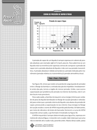 FIGURA 55


                                 CURVA DE PRESSÃO DE VAPOR D’ÁGUA
Pense e
Anote            Pressão de
                                        Pressão de vapor d’água
                 vapor – kgf/cm 2 A




                                          Líquido



                                          Linha de
                                          equilíbrio               Vapor


                                                             FI


                                              Temperatura ( o C)




             A pressão de vapor de um líquido é sempre expressa em valores de pres-
          são absoluta: por exemplo, kgf/cm2A, barA, psia etc. Para sabermos se um
          líquido está na eminência de vaporizar, temos de comparar a pressão de
          vapor com a pressão absoluta do líquido e não com sua pressão manomé-
          trica. A pressão absoluta é obtida somando-se a pressão indicada pelo ma-
          nômetro (pressão relativa ou manométrica) à pressão atmosférica local.

                                        Pabs = Pman + Patm local


             Na Figura 38, vimos que existe uma perda de carga (queda de pressão)
          entre o flange da bomba e a entrada das pás do impelidor. Imediatamen-
          te antes das pás, temos a região de menor pressão. Então, caso ocorra
          vaporização por problema de pressão no interior da bomba, este é um
          dos locais mais prováveis.
             Para cada vazão, a bomba irá requerer uma energia mínima por unida-
          de de peso do líquido bombeado no flange de sucção (pressão e velocida-
          de) para evitar que a pressão interna do líquido caia abaixo da pressão de
          vapor, provocando a vaporização no seu interior. Essa energia no flange
          de sucção recebe o nome de NPSH requerido pela bomba. Os fabricantes,
          por meio de cálculos e de testes de bancada, fornecem a curva do NPSH
          requerido versus vazão, cujo formato é mostrado na Figura 56.
             O NPSH requerido é sempre determinado para água fria, expresso em
          metros de coluna d’água, e crescente com a vazão. Cabe notar que sua curva
          não se estende até a vazão nula, parando antes. Abaixo dessa vazão, passa

                   PETROBRAS     ABASTECIMENTO
           118   Manutenção e Reparo de Bombas
 