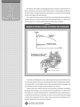 Os vórtices formados se propagarão para a sucção, ocasionando um
                fluxo contrário ao normal no interior da bomba. A recirculação, inicialmen-
                te, fica restrita à sucção da bomba, daí receber o nome de recirculação da
                sucção (ver Figura 66, lado direito).
                   Se a vazão continuar a cair, o fenômeno aumentará de intensidade, fa-
Pense e Anote   zendo com que os vórtices atinjam a descarga da bomba, e, nesse caso,
                passaremos a ter a recirculação interna na descarga, também.
                                                       FIGURA 67


                  VARIAÇÃO DA PRESSÃO DE SUCÇÃO E DA DESCARGA COM RECIRCULAÇÃO


                                  Pressão

                                                                Pressão de
                                                                descarga




                                                             Pressão de sucção


                                                                                 Vazão




                           Recirculação na sucção e início
                           de recirculação na descarga




                   A bomba centrífuga tem uma vazão abaixo da qual esse fenômeno de
                recirculação interna ocorrerá. Nas bombas de baixa energia (baixa potên-
                cia e baixa AMT), a recirculação interna não causa grande preocupação, mas
                nas bombas de alta energia os danos podem ser severos.
                   Existem diversas vazões mínimas numa bomba centrífuga. Nas folhas
                de dados mais antigas, com mais de 20 anos, geralmente, a vazão míni-
                ma citada era a vazão mínima térmica. Trabalhando com a vazão baixa, o
                rendimento da bomba é reduzido, ou seja, maior percentual da energia
                cedida pelo acionador irá virar calor, o que aumenta a temperatura do
                líquido, podendo fazer com que vaporize.

                        PETROBRAS   ABASTECIMENTO
                 138   Manutenção e Reparo de Bombas
 