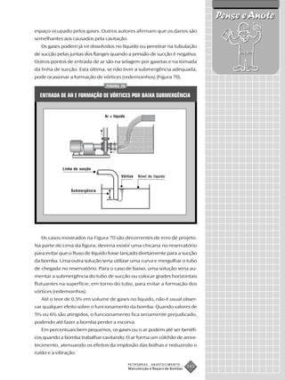 Pense e Anote
espaço ocupado pelos gases. Outros autores afirmam que os danos são
semelhantes aos causados pela cavitação.
   Os gases podem já vir dissolvidos no líquido ou penetrar na tubulação
de sucção pelas juntas dos flanges quando a pressão de sucção é negativa.
Outros pontos de entrada de ar são na selagem por gaxetas e na tomada
da linha de sucção. Esta última, se não tiver a submergência adequada,
pode ocasionar a formação de vórtices (redemoinhos) (Figura 70).
                                FIGURA 70


  ENTRADA DE AR E FORMAÇÃO DE VÓRTICES POR BAIXA SUBMERGÊNCIA


                                Ar + líquido




             Linha de sucção
                                         Vórtice    Nível do líquido


                 Submergência




   Os casos mostrados na Figura 70 são decorrentes de erro de projeto.
Na parte de cima da figura, deveria existir uma chicana no reservatório
para evitar que o fluxo de líquido fosse lançado diretamente para a sucção
da bomba. Uma outra solução seria utilizar uma curva e mergulhar o tubo
de chegada no reservatório. Para o caso de baixo, uma solução seria au-
mentar a submergência do tubo de sucção ou colocar grades horizontais
flutuantes na superfície, em torno do tubo, para evitar a formação dos
vórtices (redemoinhos).
   Até o teor de 0,5% em volume de gases no líquido, não é usual obser-
var qualquer efeito sobre o funcionamento da bomba. Quando valores de
5% ou 6% são atingidos, o funcionamento fica seriamente prejudicado,
podendo até fazer a bomba perder a escorva.
   Em percentuais bem pequenos, os gases ou o ar podem até ser benéfi-
cos quando a bomba trabalhar cavitando. O ar forma um colchão de amor-
tecimento, atenuando os efeitos da implosão das bolhas e reduzindo o
ruído e a vibração.

                                               PETROBRAS   ABASTECIMENTO
                                               Manutenção e Reparo de Bombas
                                                                               143
 
