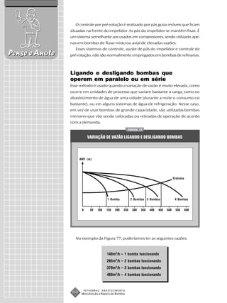 O controle por pré-rotação é realizado por pás guias móveis que ficam
                situadas na frente do impelidor. As pás do impelidor se mantêm fixas. É
                um sistema semelhante aos usados em compressores, sendo utilizado ape-
                nas em bombas de fluxo misto ou axial de elevadas vazões.
                  Esses sistemas de controle, ajuste de pás do impelidor e controle de
Pense e Anote   pré-rotação, não são normalmente empregados em bombas de refinarias.



                Ligando e desligando bombas que
                operem em paralelo ou em série
                Esse método é usado quando a variação de vazão é muito elevada, como
                ocorre em unidades de processo que variam bastante a carga, como no
                abastecimento de água de uma cidade (durante a noite o consumo cai
                bastante), ou em alguns sistemas de água de refrigeração. Nesse caso,
                em vez de usar bombas de grande capacidade, são utilizadas bombas
                menores que vão sendo colocadas ou retiradas de operação de acordo
                com a demanda.
                                                        FIGURA 77


                           VARIAÇÃO DE VAZÃO LIGANDO E DESLIGANDO BOMBAS



                       AMT (m)




                                                                             Sistema




                                         1 Bomba         2 Bombas 3 Bombas    4 Bombas




                  No exemplo da Figura 77, poderíamos ter as seguintes vazões:



                                        140m3/h – 1 bomba funcionando
                                        265m3/h – 2 bombas funcionando
                                        370m3/h – 3 bombas funcionando
                                        460m3/h – 4 bombas funcionando



                         PETROBRAS   ABASTECIMENTO
                 150    Manutenção e Reparo de Bombas
 