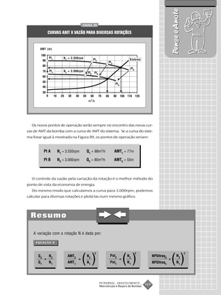 Pense e Anote
                                       FIGURA 89


               CURVAS AMT X VAZÃO PARA DIVERSAS ROTAÇÕES


       AMT (m)

               Pt 1      N 1 = 3.550rpm        Pt 2                          Sistema
                                                            Pt 3

                                                                             Pt 4
               Pt1’      N2 = 3.000rpm
                                          Pt2’ Pt3’


                                                                   Pt 4’




                                           m 3/h




  Os novos pontos de operação serão sempre no encontro das novas cur-
vas de AMT da bomba com a curva de AMT do sistema. Se a curva do siste-
ma fosse igual à mostrada na Figura 89, os pontos de operação seriam:


           Pt A       N1 = 3.550rpm       Q1 = 98m3/h              AMT1 = 77m

           Pt B       N2 = 3.000rpm       Q2 = 80m3/h              AMT2 = 55m



  O controle da vazão pela variação da rotação é o melhor método do
ponto de vista da economia de energia.
  Do mesmo modo que calculamos a curva para 3.000rpm, podemos
calcular para diversas rotações e plotá-las num mesmo gráfico.




  Resumo

   A variação com a rotação N é dada por:

     EQUAÇÃO 8


                                                2                                   3                                        2
      Q2
      Q1
           =
               N2
               N1
                            AMT2
                            AMT1
                                   =
                                       ( )N2
                                          N1
                                                             Pot2
                                                             Pot1
                                                                       =
                                                                           ( )
                                                                            N2
                                                                            N1
                                                                                              NPSHreq2
                                                                                              NPSHreq1
                                                                                                         =
                                                                                                             ()    N2
                                                                                                                   N1




                                                      PETROBRAS     ABASTECIMENTO
                                                      Manutenção e Reparo de Bombas
                                                                                        169
 