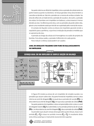 Na parte externa ao olhal do impelidor, reina a pressão da voluta tanto na
                               parte traseira quanto na dianteira. As forças geradas nessa área tendem a
                               cancelar-se devido ao fato de a pressão ser a mesma de ambos os lados. Na
Pense e                        área do olhal, de um lado temos a pressão de sucção e, do outro, a pressão
Anote                          da voluta. Em bombas com impelidor em balanço, a área traseira é menor
                               devido ao eixo. As diferenças de área, com as pressões atuando sobre elas,
                               geram uma resultante axial que terá de ser suportada pelo mancal de escora.
                                   O contato do líquido contra os discos do impelidor girando tende a
                               expulsá-lo para a periferia, o que leva à redução da pressão à medida que
                               se aproxima do eixo.
                                   A pressão ao longo da voluta só é homogênea na vazão de projeto da
                               bomba. Fora dessa vazão, a pressão é diferente em cada ponto.
                                   Para reduzir o esforço axial podem ser usados:


                               ANEL DE DESGASTE TRASEIRO COM FURO DE BALANCEAMENTO
                               NO IMPELIDOR
                                                                FIGURA 93


                          ESFORÇO AXIAL EM UM IMPELIDOR DE SIMPLES SUCÇÃO EM BALANÇO

                  d1 2
          A1 =                  F1 = Ps x A1                                Fa
                  4                                            Pvol                         Pvol
                                                                                       F4
                                                                                                   A4
                  (D2 – d12)                              A2          F2
          A2 =                  F2 = Pvol x A2                                         F3     A3
                      4                                                                       Ps
                                                               A1
                 (d32 – d22)                                   Ps     F1
          A3 =                  F3 = Ps x A3           D d1                                        d2 d3 D
                     4
                  (D2 – d32)
          A4 =                  F4 = Pvol x A4                                        F3      A3
                      4                                                                       Ps
                                                          A2          F2              F4           A4
                 Fa = F1 + F2 – F3 – F4                        Pvol                         Pvol




                                   A Figura 93 mostra as áreas de um impelidor de simples sucção e as
                               pressões que atuam sobre elas. Na parte frontal do impelidor, temos a área
                               interna ao anel de desgaste (A1), na qual atua a pressão de sucção (Ps), e a
                               área externa ao anel de desgaste (A2), em que atua a pressão da voluta (Pvol).
                                   Na parte posterior do impelidor, a área compreendida entre o eixo e o anel
                               de desgaste traseiro (A3) fica submetida a uma pressão próxima da de sucção
                               (Ps) e, na área externa ao anel de desgaste (A4), atua a pressão da voluta (Pvol).
                                   As pressões que atuam nessas áreas gerarão quatro forças, duas num
                               sentido (F1 e F2) e duas no sentido inverso (F3 e F4). A resultante delas
                               será a força axial que o mancal de escora terá de suportar.

                                           PETROBRAS   ABASTECIMENTO
                                172       Manutenção e Reparo de Bombas
 