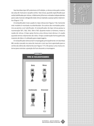Pense e Anote
   Nas bombas tipo API anteriores à 8a edição, a névoa entra pelo centro
da caixa de mancais e sai pelo centro. Nas novas, quando especificado que
serão lubrificadas por névoa, o fabricante já fornece entradas independentes
para cada mancal, obrigando toda névoa injetada a passar pelos rolamen-
tos (Figura 115).
   O reclassificador mais usado é o tipo névoa (ver Figura 116). Somente
este modelo é montado no distribuidor. Os outros são montados próxi-
mo ao ponto a ser lubrificado. O reclassificador do tipo névoa possui a
numeração 501, 502, 503, 504 e 505. Quanto maior o número, maior a
vazão de névoa. O tipo spray forma uma névoa mais densa e é usado
quando temos rolamentos de rolos. O tipo condensado forma gotículas
maiores de óleo e é utilizado para engrenagens.
   O reclassificador direcional é empregado principalmente em bombas
BB, sendo roscado na caixa de mancal e com seu furo apontado para o
centro da esfera do rolamento (ver Figura 117). Ele possui uma marca ex-
terna para orientar a posição do furo durante a montagem.


                                   FIGURA 116


                      TIPOS DE RECLASSIFICADORES



                           Spray                Névoa




                        Condensado          Direcional




                                                 Furo




                                                PETROBRAS   ABASTECIMENTO
                                                Manutenção e Reparo de Bombas
                                                                                199
 