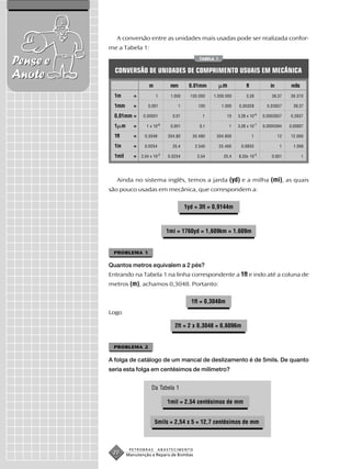 A conversão entre as unidades mais usadas pode ser realizada confor-
          me a Tabela 1:

Pense e                                                   TABELA 1


            CONVERSÃO DE UNIDADES DE COMPRIMENTO USUAIS EM MECÂNICA
Anote
                              m             mm       0.01mm           m            ft               in        mils
            1m        =           1         1.000     100.000   1.000.000          3,28              39,37    39.370

            1mm       =      0,001             1         100          1.000   0,00328              0,03937      39,37

            0,01mm =       0,00001           0,01          1            10    3,28 x 10 -6       0,0003937    0,3937

            1 m       =      1 x 10-6       0,001         0,1             1   3,28 x 10 -7       0,0000394    0,03937

            1ft       =    0,3048          304,80      30.480    304.800                1                12   12.000

            1in       =    0,0254            25,4       2.540        25.400     0,0833                    1     1.000

                                      -5                                                    -5
            1mil      =   2,54 x 10        0,0254        2,54          25,4   8,33x 10               0,001           1




             Ainda no sistema inglês, temos a jarda (yd) e a milha (mi), as quais
          são pouco usadas em mecânica, que correspondem a:

                                                    1yd = 3ft = 0,9144m



                                           1mi = 1760yd = 1,609km = 1.609m


           PROBLEMA 1

          Quantos metros equivalem a 2 pés?
          Entrando na Tabela 1 na linha correspondente a 1ft e indo até a coluna de
          metros (m), achamos 0,3048. Portanto:

                                                      1ft = 0,3048m
          Logo

                                              2ft = 2 x 0,3048 = 0,6096m


           PROBLEMA 2

          A folga de catálogo de um mancal de deslizamento é de 5mils. De quanto
          seria esta folga em centésimos de milímetro?


                                Da Tabela 1

                                           1mil = 2,54 centésimos de mm


                                  5mils = 2,54 x 5 = 12,7 centésimos de mm



                    PETROBRAS         ABASTECIMENTO
           20      Manutenção e Reparo de Bombas
 