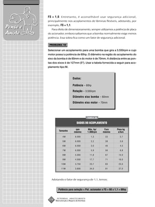FS = 1,0 . Entretanto, é aconselhável usar segurança adicional,
          principalmente nos acoplamentos de lâminas flexíveis, adotando, por
          exemplo, FS = 1,1.
Pense e      Para efeito de dimensionamento, sempre utilizamos a potência de placa
Anote     do acionador, embora saibamos que a bomba normalmente exige menos
          potência. Essa sobra fica como um fator de segurança adicional.

           PROBLEMA 10

          Selecionar um acoplamento para uma bomba que gira a 3.550rpm e cujo
          motor possui a potência de 60hp. O diâmetro na região do acoplamento do
          eixo da bomba é de 60mm e do motor é de 70mm. A distância entre as pon-
          tas dos eixos é de 127mm (5"). Usar a tabela fornecida a seguir para aco-
          plamento tipo M.



                                 Dados:

                                 Potência – 60hp

                                 Rotação – 3.550rpm
                                 Diâmetro eixo bomba – 60mm

                                 Diâmetro eixo motor – 70mm




                                                 TABELA 26


                                     DADOS DO ACOPLAMENTO

                                   rpm           Máx. hp/     Furo     Peso kg
                    Tamanho
                                  máximo         1.000rpm    máximo     s/furo

                       4M           6.000           1,3        33         2,7

                       5M           6.000           2,2        38         3,6

                       6M           6.000           3,0        46         4,5

                       7M           6.000           5,9        56         6,8

                       8M           5.000          11,8        67        14,0

                       9M           4.500          17,7        71        16,0

                      10M           3.750          23,7        83        23,0

                      11M           3.600          34,0        91        27,0




             Adotando o fator de segurança de 1,1, temos:


                   Potência para seleção = Pot. acionador x FS = 60 x 1,1 = 66hp


                  PETROBRAS   ABASTECIMENTO
           208   Manutenção e Reparo de Bombas
 