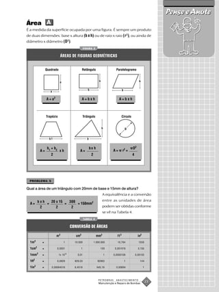 Pense e Anote
Área A
É a medida da superfície ocupada por uma figura. É sempre um produto
de duas dimensões: base x altura (b x h) ou de raio x raio (r 2 ), ou ainda de
diâmetro x diâmetro (D 2 ).
                                                        FIGURA 2


                                    ÁREAS DE FIGURAS GEOMÉTRICAS


                      Quadrado                       Retângulo                       Paralelogramo


                                    a                                  h                                     h

                                                           b                                b
                         a

                      A = a2                         A=bxh                              A=bxh



                      Trapézio                         Triângulo                            Círculo


                                                                           h                    D


                        b1                                b


                       b1 + b 2                               bx h                                    D2
                 A=                xh              A=                              A=       r2 =
                          2                                    2                                      4




 PROBLEMA 5

Qual a área de um triângulo com 20mm de base e 15mm de altura?
                                                                           A equivalência e a conversão
                bxh   20 x 15   300                                        entre as unidades de área
  A=                =         =     = 150mm2
                 2       2       2                                         podem ser obtidas conforme
                                                                           se vê na Tabela 4.
                                                        TABELA 4


                                             CONVERSÃO DE ÁREAS

                               m2              cm2                   mm2              ft2                   in2
  1m2             =                     1      10.000              1.000.000          10,764                1550
            2
  1cm             =               0,0001           1                    100         0,001076                0,155
            2
  1mm             =                1x 10-6       0,01                          1   0,0000108              0,00155

  1ft2            =               0,0929       929,03                 92903                     1            144
        2
  1in             =       0,00064516           6,4516                645,16          0,00694                      1



                                                                      PETROBRAS     ABASTECIMENTO
                                                                       Manutenção e Reparo de Bombas
                                                                                                                      23
 