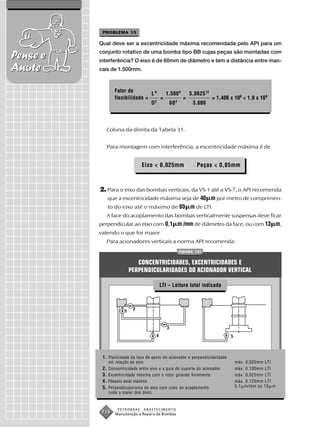 PROBLEMA 15

          Qual deve ser a excentricidade máxima recomendada pelo API para um
          conjunto rotativo de uma bomba tipo BB cujas peças são montadas com
Pense e   interferência? O eixo é de 60mm de diâmetro e tem a distância entre man-
Anote     cais de 1.500mm.



                   Fator de
                                   L4   1.500 4   5,0625 12
                   flexibilidade =    =         =           = 1,406 x 109 < 1,9 x 109
                                   D2    60 2      3.600



                Coluna da direita da Tabela 31.


                Para montagem com interferência, a excentricidade máxima é de


                                 Eixo < 0,025mm               Peças < 0,05mm



          2. Para o eixo das bombas verticais, da VS-1 até a VS-7, o API recomenda
                que a excentricidade máxima seja de 40 m por metro de comprimen-
                to do eixo até o máximo de 80 m de LTI.
                A face do acoplamento das bombas verticalmente suspensas deve ficar
          perpendicular ao eixo com 0,1 m /mm de diâmetro da face, ou com 13 m,
          valendo o que for maior.
                Para acionadores verticais a norma API recomenda:
                                                     FIGURA 131


                               CONCENTRICIDADES, EXCENTRICIDADES E
                            PERPENDICULARIDADES DO ACIONADOR VERTICAL

                                             LTI – Leitura total indicada



                        1    2



                                                3
                                         4                                     5



           1. Planicidade da face de apoio do acionador e perpendicularidade
                em relação ao eixo                                                 máx. 0,025mm LTI
           2.   Concentricidade entre eixo e a guia do suporte do acionador        máx. 0,100mm LTI
           3.   Excentricidade máxima com o rotor girando livremente               máx. 0,025mm LTI
           4.   Passeio axial máximo                                               máx. 0,125mm LTI
           5.   Perpendicularismo do eixo com cubo do acoplamento                  0,1 m/mm ou 13 m
                (vale o maior dos dois)


                     PETROBRAS    ABASTECIMENTO
           238     Manutenção e Reparo de Bombas
 