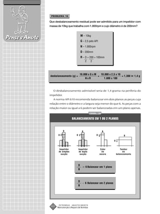 PROBLEMA 16

                Que desbalanceamento residual pode ser admitido para um impelidor com
                massa de 10kg que trabalha com 1.800rpm e cujo diâmetro é de 200mm?


                                                M – 10kg
Pense e Anote                                   G – 2,5 pelo API
                                                N – 1.800rpm
                                                D – 200mm
                                                R – D = 200 = 100mm
                                                     2    2



                                             10.000 x G x M   10.000 x 2,5 x 10
                desbalanceamento (g) =                      =                   = 1,388            1,4 g
                                                 NxR            1.800 x 100



                   O desbalanceamento admissível seria de 1,4 grama na periferia do
                impelidor.
                   A norma API 610 recomenda balancear em dois planos as peças cuja
                relação entre o diâmetro e a largura seja menor do que 6. As peças com a
                relação maior ou igual a 6 podem ser balanceadas em um plano apenas.
                                                         FIGURA 135


                                    BALANCEAMENTO EM 1 OU 2 PLANOS


                             B                   B                    B
                      D                 D                      D                         B

                                                                               D


                        Impelidor           Impelidor               Colar              Tambor
                       de simples            de dupla                de                  de
                         sucção               sucção               escora          balanceamento




                                            D
                                                     6 Balancear em 1 plano
                                            B



                                            D
                                                     6 Balancear em 2 planos
                                            B




                       PETROBRAS    ABASTECIMENTO
                242   Manutenção e Reparo de Bombas
 