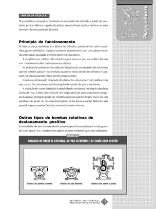 Pense e Anote
  PRATO DA VÁLVULA
  PRAT DA VÁLVUL
              VULA
              VUL

Peça estática, na qual se localizam as conexões de entrada e saída do pro-
duto. Junta esférica, sapata da placa, mancal tipo bucha, mola e a caixa
também fazem parte da bomba.



Princípio de funcionamento
O eixo, a placa oscilante e o bloco do cilindro, juntamente com os pis-
tões, giram solidários. A placa oscilante permanece com uma determina-
da inclinação ajustada e é livre girar no seu plano.
   À medida que o bloco de cilindros gira com o eixo, os pistões fazem
um movimento alternativo nos seus furos.
   As portas de entrada e de saída do líquido são arranjadas de tal modo
que os pistões passam na entrada quando estão sendo recolhidos e pas-
sam na saída quando estão sendo empurrados.
   O volume deslocado depende do diâmetro, do número de pistões e do
seu curso. O curso depende do ângulo de ajuste da placa oscilante.
   A variação do curso do pistão é possível pela mudança do ângulo da placa
oscilante. Isso é feito por meio de um dispositivo de posicionamento angu-
lar da placa. O ângulo pode ser modificado manualmente por meio de um
parafuso de ajuste ou de uma linha-piloto (linha pressurizada). Batentes são
providos para as posições de curso máximo e mínimo.



Outros tipos de bombas rotativas de
deslocamento positivo
A variedade de bombas de deslocamento positivo rotativas é muito gran-
de. Na Figura 163, mostramos alguns outros modelos que são utilizados.
                                         FIGURA 163


       BOMBAS DE PALHETA EXTERNA, DE PÁS FLEXÍVEIS E DE CAME COM PISTÃO




       Bomba de palheta externa    Bomba de pás flexíveis          Bomba com came e pistão




                                            PETROBRAS       ABASTECIMENTO
                                            Manutenção e Reparo de Bombas
                                                                             271
 