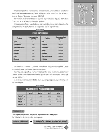 Pense e Anote
   O peso específico varia com a temperatura, uma vez que o volume
é modificado. Por exemplo, 1cm3 de água a 80oC pesa 0,971gf. A 200oC,
o peso do cm3 de água cai para 0,865gf.
   Podemos afirmar então que o peso específico da água a 80oC é de
0,971gf/cm3 e a 200oC é de 0,865gf/cm3.
   O peso específico é usado tanto para sólidos como para líquidos. Na
temperatura de 20oC, temos os seguintes pesos específicos:
                                                TABELA 13


                                         PESOS ESPECÍFICOS
                               Peso específico                                      Peso específico
         Produto                  (gf/cm3)                       Produto               (gf/cm3)
  Água                                   1                 GLP                              0,5

  Aço-carbono                        7,8                   Gasolina                     0,68 a 0,78

  Aço inox AISI 316                     8,02               Querosene                    0,78 a 0,82

  Alumínio                           2,8                   Diesel                       0,82 a 088

  Chumbo                            11,2                   Gasóleo                      0,85 a 0,89

  Cobre                                 8,94               Óleo lubrificante            0,86 a 0,94

  Mercúrio                          13,6                   Petróleo                     0,70 a 0,94




   Analisando a Tabela 13, acima, vemos que o aço-carbono pesa 7,8 ve-
zes mais do que o mesmo volume de água.
   Como peso específico é uma relação entre peso e volume, podem ser
usadas outras unidades diferentes de gf/cm3 para sua definição, como kgf/
m3 ou lbf/in3.
   A conversão entre as unidades mais usadas para pesos específicos pode
ser obtida por:
                                                TABELA 14


                             RELAÇÃO ENTRE PESOS ESPECÍFICOS

                                gf/cm3            kgf/m3              lbf/ft3        lbf/in3
          1gf/cm3 =                 1              1.000               62,43          0,0361
                     3
          1kgf/m         =       0,001                1               0,0624        3,61 x 10 -5

          1lbf/ft3       =       0,016             16,02                   1        5,787x 10 -4

          1lbf/in3 =             27,68            27680                1728                  1




 PROBLEMA 20

Qual o peso específico em gf/cm3 equivalente a 2.500kgf/m3?
Da Tabela 14 de conversão, temos que:

 1kgf/m3 = 0,001gf/cm3           ➜           2.500kgf/m3 = 2.500 x 0,001gf/cm3 = 2,5gf/cm3


                                                                 PETROBRAS      ABASTECIMENTO
                                                                 Manutenção e Reparo de Bombas
                                                                                                      39
 