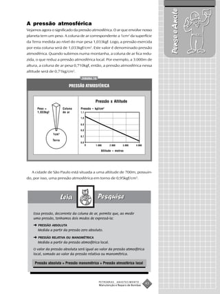 Pense e Anote
A pressão atmosférica
Vejamos agora o significado da pressão atmosférica. O ar que envolve nosso
planeta tem um peso. A coluna de ar correspondente a 1cm2 da superfície
da Terra medida ao nível do mar pesa 1,033kgf. Logo, a pressão exercida
por esta coluna será de 1,033kgf/cm2. Este valor é denominado pressão
atmosférica. Quando subimos numa montanha, a coluna de ar fica redu-
zida, o que reduz a pressão atmosférica local. Por exemplo, a 3.000m de
altura, a coluna de ar pesa 0,710kgf, então, a pressão atmosférica nessa
altitude será de 0,71kg/cm2.
                                   FIGURA 15


                             PRESSÃO ATMOSFÉRICA


                                             Pressão x Altitude
      Peso =             Coluna   Pressão – kgf/cm 2
      1,033kgf           de ar




                 1cm 2

                 Terra


                                                 Altitude – metros




   A cidade de São Paulo está situada a uma altitude de 700m, possuin-
do, por isso, uma pressão atmosférica em torno de 0,95kgf/cm2.




    Essa pressão, decorrente da coluna de ar, permite que, ao medir
    uma pressão, tenhamos dois modos de expressá-la:
    ➜ PRESSÃO ABSOLUTA
      Medida a partir da pressão zero absoluto.
    ➜ PRESSÃO RELATIVA OU MANOMÉTRICA
      Medida a partir da pressão atmosférica local.
    O valor da pressão absoluta será igual ao valor da pressão atmosférica
    local, somado ao valor da pressão relativa ou manométrica.

    Pressão absoluta = Pressão manométrica + Pressão atmosférica local



                                               PETROBRAS    ABASTECIMENTO
                                               Manutenção e Reparo de Bombas
                                                                               43
 