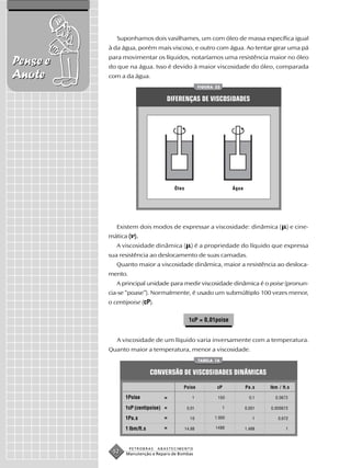 Suponhamos dois vasilhames, um com óleo de massa específica igual
          à da água, porém mais viscoso, e outro com água. Ao tentar girar uma pá
          para movimentar os líquidos, notaríamos uma resistência maior no óleo
Pense e   do que na água. Isso é devido à maior viscosidade do óleo, comparada
Anote     com a da água.
                                                    FIGURA 22


                                  DIFERENÇAS DE VISCOSIDADES




                                     Óleo                            Água




             Existem dois modos de expressar a viscosidade: dinâmica ( ) e cine-
          mática ( ).
             A viscosidade dinâmica ( ) é a propriedade do líquido que expressa
          sua resistência ao deslocamento de suas camadas.
             Quanto maior a viscosidade dinâmica, maior a resistência ao desloca-
          mento.
             A principal unidade para medir viscosidade dinâmica é o poise (pronun-
          cia-se “poase”). Normalmente, é usado um submúltiplo 100 vezes menor,
          o centipoise (cP).


                                              1cP = 0,01poise


             A viscosidade de um líquido varia inversamente com a temperatura.
          Quanto maior a temperatura, menor a viscosidade.
                                                    TABELA 16


                             CONVERSÃO DE VISCOSIDADES DINÂMICAS

                                          Poise             cP              Pa.s    lbm / ft.s

                1Poise           =             1            100               0,1     0,0672

                1cP (centipoise) =           0,01                1          0,001   0,000672

                1Pa.s            =            10           1.000               1        0,672

                1 lbm/ft.s       =          14,88          1488             1,488           1



                   PETROBRAS   ABASTECIMENTO
           52    Manutenção e Reparo de Bombas
 