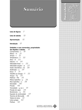 Pense e Anote
                     Sumário



Lista de figuras    7

Lista de tabelas    13

Apresentação        15

Introdução     17

Unidades e suas conversões, propriedades
dos líquidos e tabelas     19
Comprimento – l       19
Massa – m       21
Tempo – t      21
Temperatura – T      22
Área – A      23
Volume – V       24
Velocidade linear – v    25
Velocidade angular – w     27
Vazão volumétrica – Q     28
Aceleração – a     29
Força – F     31
Trabalho ou energia – T    33
Torque – Tq      34
Potência – Pot    35
Massa específica –       36
Peso específico –      38
Densidade      40
Pressão     40
Viscosidade – ou         51
Pressão de vapor      54
Rendimento –         56
Equação da continuidade     57
Teorema de Bernouille     58
Tabela de tubos     61
Letras gregas     62
Prefixos    62
                                   PETROBRAS   ABASTECIMENTO
                                   Manutenção e Reparo de Bombas
                                                                   5
 