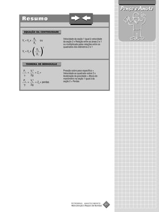 Pense e Anote
Resumo

 EQUAÇÃO DA CO NTINUIDADE
 EQUAÇÃO DA CONTINUID
               NTINUIDADE


                A2                 Velocidade da seção 1 igual à velocidade
V1 = V2 x                 ou       da seção 2 x Relação entre as áreas 2 e 1
                A1
                                   ou multiplicada pelas relações entre os
                               2   quadrados dos diâmetros 2 e 1
V1 = V2 x
            ( )      D2
                     D1


      TEOREMA DE BERNOUILLE


 P1        V12                     Pressão sobre peso específico +
       +         + Z1 =            Velocidade ao quadrado sobre 2 x
           2g                      Aceleração da gravidade + Altura do
                                   manômetro na seção 1 igual à da
 P2        V22                     seção 2 + Perdas
       +         + Z2 + perdas
           2g




                                           PETROBRAS     ABASTECIMENTO
                                           Manutenção e Reparo de Bombas
                                                                               65
 