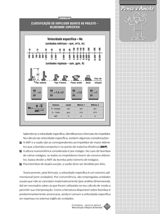 Pense e Anote
                                                FIGURA 43


         CLASSIFICAÇÃO DO IMPELIDOR QUANTO AO PROJETO –
                      VELOCIDADE ESPECÍFICA


                                Velocidade específica – Ns
                               (unidades métricas – rpm, m3/s, m)




                               (unidades inglesas – rpm, gpm, ft)



                   D2

              D1                                                                          Eixo de
               Pás radiais              Tipo Francis         Fluxo misto       Axial      rotação


              D2                   D2                         D2                   D2
                   >4                   = 1,5 a 2                  < 1,5                  =1
              D1                   D1                         D1                   D1


                                     Sistema         Inglês        Métrico 1           Métrico 2
                   N Q
       Ns =                         N – Rotação        rpm           rpm                 rpm
                        0,75
               AMT                  Q – Vazão          gpm           m3/s                m3/h
                                        AMT            ft             m                   m




   Sabendo-se a velocidade específica, identificamos o formato do impelidor.
   No cálculo da velocidade específica, existem algumas considerações:
   A AMT e a vazão são as correspondentes ao impelidor de maior diâme-
   tro que a bomba comporta e no ponto de máxima eficiência (BEP).
   A altura manométrica considerada é por estágio. No caso de bombas
   de vários estágios, se todos os impelidores forem do mesmo diâme-
   tro, basta dividir a AMT da bomba pelo número de estágios.
   Para bombas de dupla sucção, a vazão deve ser dividida por dois.


   Teoricamente, pela fórmula, a velocidade específica é um número adi-
mensional (sem unidades). Por conveniência, são empregadas unidades
usuais que não se cancelam matematicamente (por análise dimensional),
daí ser necessário saber as que foram utilizadas no seu cálculo de modo a
permitir sua interpretação. Como a literatura disponível sobre bombas é
predominantemente americana, ainda é comum a velocidade específica
ser expressa no sistema inglês de unidades.

                                                              PETROBRAS     ABASTECIMENTO
                                                              Manutenção e Reparo de Bombas
                                                                                                    101
 