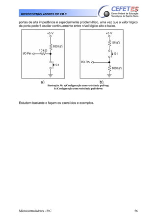 MICROCONTROLADORES PIC EM C

portas de alta impedância é especialmente problemático, uma vez que o valor lógico
da porta poderá oscilar continuamente entre nível lógico alto e baixo.

Ilustração 30: a)Configuração com resistência pull-up;
b) Configuração com resistência pull-down

Estudem bastante e façam os exercícios e exemplos.

Microcontroladores - PIC

56

 