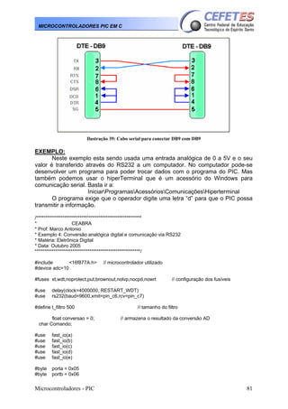 MICROCONTROLADORES PIC EM C

Ilustração 39: Cabo serial para conectar DB9 com DB9

EXEMPLO:
Neste exemplo esta sendo usada uma entrada analógica de 0 a 5V e o seu
valor é transferido através do RS232 a um computador. No computador pode-se
desenvolver um programa para poder trocar dados com o programa do PIC. Mas
também podemos usar o hiperTerminal que é um acessório do Windows para
comunicação serial. Basta ir a:
IniciarProgramasAcessóriosComunicaçõesHiperterminal
O programa exige que o operador digite uma letra “d” para que o PIC possa
transmitir a informação.
/********************************************************
*
CEABRA
* Prof: Marco Antonio
* Exemplo 4: Conversão analógica digital e comunicação via RS232
* Matéria: Eletrônica Digital
* Data: Outubro 2005
********************************************************/
#include
<16f877A.h>
#device adc=10

// microcontrolador utilizado

#fuses xt,wdt,noprotect,put,brownout,nolvp,nocpd,nowrt
#use
#use

// configuração dos fusíveis

delay(clock=4000000, RESTART_WDT)
rs232(baud=9600,xmit=pin_c6,rcv=pin_c7)

#define t_filtro 500
float conversao = 0;
char Comando;
#use
#use
#use
#use
#use

// armazena o resultado da conversão AD

fast_io(a)
fast_io(b)
fast_io(c)
fast_io(d)
fast_io(e)

#byte
#byte

// tamanho do filtro

porta = 0x05
portb = 0x06

Microcontroladores - PIC

81

 