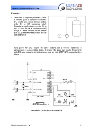 Microcontroladores - PIC 57
MICROCONTROLADORES PIC EM C
Exemplos:
1. Resolver o seguinte problema: Fazer
o Projeto, para o controle da Bomba
B1, sendo que o nível sempre estará
entre S1 e S2 (sensores bóia).
Quando o nível atinge o motor S2 o
seu contato fecha, e quando o nível
atinge S1 este também fecha, sendo
que S2, já esta fechado porque o nível
esta sobre S2.
Para poder ter uma noção, de como poderia ser o circuito eletrônico, é
apresentado o esquemático deste. O motor não pode ser ligado diretamente
pelo PIC, por enquanto consideraremos que um Led (LMOTOR)representando o
Motor.
Ilustração 31: Circuito elétrico do exemplo 7.1
 