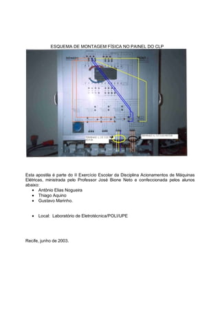 ESQUEMA DE MONTAGEM FÍSICA NO PAINEL DO CLP




Esta apostila é parte do II Exercício Escolar da Disciplina Acionamentos de Máquinas
Elétricas, ministrada pelo Professor José Bione Neto e confeccionada pelos alunos
abaixo:
   • Antônio Elias Nogueira
   • Thiago Aquino
   • Gustavo Marinho.


   •   Local: Laboratório de Eletrotécnica/POLI/UPE




Recife, junho de 2003.
 