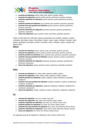 Sugestões,críticas,envio de questões para resolução em sala,envie e-mail para janainasicoli@hotmail.com
 presente do indicativo: ponho, pões, põe, pomos, pondes, põem;
 presente do subjuntivo: ponha, ponhas, ponha, ponhamos, ponhais, ponham;
 pretérito imperfeito do indicativo: punha, punhas, punha, púnhamos, púnheis,
punham;
 pretérito perfeito do indicativo: pus, puseste, pôs, pusemos, pusestes, puseram;
 pretérito mais-que-perfeito do indicativo: pusera, puseras, pusera, puséramos,
puséreis, puseram;
 pretérito imperfeito do subjuntivo: pusesse, pusesses, pusesse, puséssemos,
pusésseis, pusessem;
 futuro do subjuntivo: puser, puseres, puser, pusermos, puserdes, puserem.
Todos os derivados do verbo pôr seguem exatamente esse modelo: antepor, compor,
contrapor, decompor, depor, descompor, dispor, expor, impor, indispor, interpor, opor,
pospor, predispor, pressupor, propor, recompor, repor, sobrepor, supor, transpor são
alguns deles.
Querer
 presente do indicativo: quero, queres, quer, queremos, quereis, querem;
 presente do subjuntivo: queira, queiras, queira, queiramos, queirais, queiram;
 pretérito perfeito do indicativo: quis, quiseste, quis, quisemos, quisestes, quiseram;
 pretérito mais-que-perfeito do indicativo: quisera, quiseras, quisera, quiséramos,
quiséreis, quiseram;
 pretérito imperfeito do subjuntivo: quisesse, quisesses, quisesse, quiséssemos,
quisésseis, quisessem;
 futuro do subjuntivo: quiser, quiseres, quiser, quisermos, quiserdes, quiserem;
Saber
 presente do indicativo: sei, sabes, sabe, sabemos, sabeis, sabem;
 presente do subjuntivo: saiba, saibas, saiba, saibamos, saibais, saibam;
 pretérito perfeito do indicativo: soube, soubeste, soube, soubemos, soubestes,
souberam;
 pretérito mais-que-perfeito do indicativo: soubera, souberas, soubera, soubéramos,
soubéreis, souberam;
 pretérito imperfeito do subjuntivo: soubesse, soubesses, soubesse, soubéssemos,
soubésseis, soubessem;
 futuro do subjuntivo: souber, souberes, souber, soubermos, souberdes, souberem.
Ser
 presente do indicativo: sou, és, é, somos, sois, são;
 presente do subjuntivo: seja, sejas, seja, sejamos, sejais, sejam;
 pretérito imperfeito do indicativo: era, eras, era, éramos, éreis, eram;
 pretérito perfeito do indicativo: fui, foste, foi, fomos, fostes, foram;
 pretérito mais-que-perfeito do indicativo: fora, foras, fora, fôramos, fôreis, foram;
 pretérito imperfeito do subjuntivo: fosse, fosses, fosse, fôssemos, fôsseis, fossem;
 futuro do subjuntivo: for, fores, for, formos, fordes, forem.
As segundas pessoas do imperativo afirmativo são: sê (tu) e sede (vós).
 
